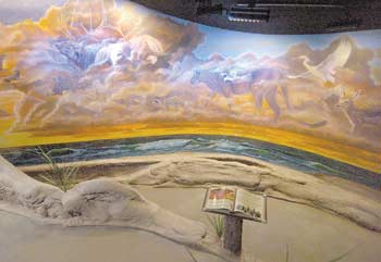 Animals shown throughout the Umpqua Discovery Center's new exhibit, "Pathways to Discovery" - Exporing Tidewater Country", return in the final mural, which shows the beach where the Oregon Dunes meets the Pacific Ocean at sunset in summer. The exhibit's exquisitely detailed murals by local artist Peggy o'Nearl impress many of the center's visitors.